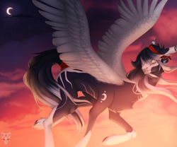 Size: 3000x2500 | Tagged: safe, artist:lastaimin, oc, oc only, oc:jax, pegasus, pony, colored wings, crescent moon, flying, high res, male, moon, smiling, solo, spread wings, stallion, twilight (astronomy), watermark, wings