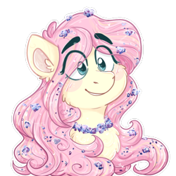 Size: 768x768 | Tagged: safe, artist:fluttershyfilly-yay, derpibooru import, fluttershy, pegasus, pony, bust, cheek fluff, chest fluff, cute, ear fluff, eyebrows, eyebrows visible through hair, female, flower, flower in hair, flower necklace, mare, outline, portrait, shyabetes, simple background, smiling, solo, three quarter view, transparent background, white outline