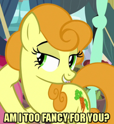 Size: 450x490 | Tagged: safe, edit, edited screencap, editor:jaredking203, screencap, carrot top, golden harvest, earth pony, pony, it isn't the mane thing about you, caption, cropped, female, image macro, lidded eyes, mare, meme, text