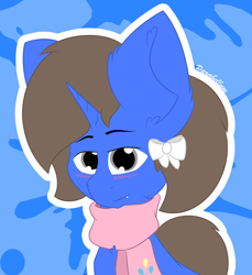 Size: 1080x1180 | Tagged: safe, artist:parabellumpony, derpibooru import, oc, oc:parabellum pony, unicorn, avatar, blue, blushing, bow, clothes, cute, cutie mark, gray eyes, scarf, solo