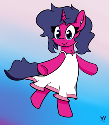 Size: 979x1117 | Tagged: safe, artist:yakoshi, oc, oc only, oc:fizzy pop, unicorn, clothes, dress, female, gradient background, happy, mare, solo