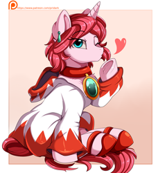 Size: 3069x3365 | Tagged: safe, artist:pridark, oc, oc only, oc:diamond stellar, pony, unicorn, blowing a kiss, chest fluff, choker, clothes, collar, ear piercing, earring, female, final fantasy, heart, high heels, high res, hoodie, jewelry, looking at you, mare, necklace, one eye closed, patreon, patreon logo, patreon reward, pendant, piercing, shoes, sitting, solo, underhoof, white mage, wink