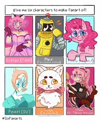 Size: 1005x1200 | Tagged: safe, artist:sunflowermews, derpibooru import, pinkie pie, cat, earth pony, human, pony, robot, :d, animal ears, bust, chest fluff, clothes, crossover, dress, female, fire emblem: three houses, hilda, kamichu!, mare, momomiya ichigo, one eye closed, peace sign, pearl (steven universe), plex, six fanarts, smiling, steven universe, tama (kamichu!), tokyo mew mew, wink, yo gabba gabba