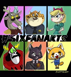 Size: 2500x2714 | Tagged: safe, alternate version, artist:wutthejeff, discord, cat, draconequus, human, aggressive retsuko, aggretsuko, benjamin clawhauser, bust, clothes, colored, crossover, female, glasses, lackadaisy, lord hater, male, mordecai (lackadaisy), necktie, police, retsuko, sanrio, six fanarts, smiling, star butterfly, star vs the forces of evil, sunglasses, wander over yonder, waving, zootopia