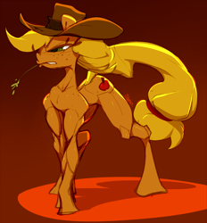 Size: 696x750 | Tagged: safe, artist:slypon, derpibooru import, applejack, earth pony, pony, applejacked, cowboy hat, cutie mark, digital art, female, hat, mare, muscles, solo, straw in mouth