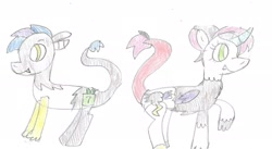 Size: 1538x840 | Tagged: safe, artist:ptitemouette, oc, oc:frenzy, oc:modesty, hybrid, interspecies offspring, offspring, parent:discord, parent:rarity, parents:raricord