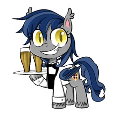 Size: 726x666 | Tagged: safe, artist:ce2438, oc, oc only, bat pony, pony, my little pony: pony life, alcohol, bat pony oc, bat wings, beer, bowtie, clothes, grin, hoof hold, raised hoof, simple background, smiling, solo, unshorn fetlocks, waiter, white background, wings