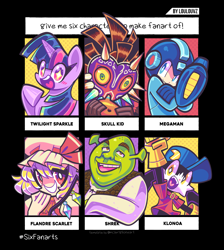 Size: 1746x1950 | Tagged: safe, artist:loulouvz, artist:spaicy, derpibooru import, twilight sparkle, twilight sparkle (alicorn), unicorn twilight, alicorn, human, ogre, pony, unicorn, challenge, clothes, crossover, fanart, female, flandre scarlet, klonoa, mare, megaman, megaman (character), open mouth, raised hoof, shrek, six fanarts, skull kid, smiling, starry eyes, the legend of zelda, the legend of zelda: majora's mask, touhou, wingding eyes