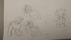 Size: 4128x2322 | Tagged: safe, artist:skulifuck, oc, oc only, pony, unicorn, bust, cross-popping veins, female, filly, heart, horn, lineart, male, mare, smiling, stallion, traditional art, unicorn oc