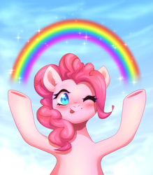 Size: 2189x2500 | Tagged: safe, artist:avrameow, derpibooru import, pinkie pie, earth pony, pony, :p, blushing, cloud, cute, diapinkes, high res, idiot box, imagination, one eye closed, rainbow, smiling at you, spongebob squarepants, tongue out, wink