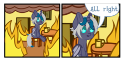 Size: 4000x2000 | Tagged: safe, alternate version, artist:zarioly, oc, oc only, oc:elizabat stormfeather, alicorn, bat pony, bat pony alicorn, pony, 2 panel comic, alicorn oc, bat pony oc, bat wings, chair, comic, commission, female, fire, horn, mare, meme, mug, open mouth, ponified meme, sitting, smoke, solo, table, this is fine, wings, ych result