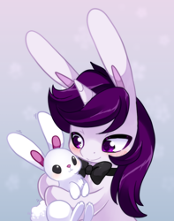 Size: 650x824 | Tagged: safe, artist:loyaldis, oc, oc:lapush buns, pony, rabbit, unicorn, animal, bowtie, bunnycorn, duo, father and child, father and son, gradient background, hug, male, parent and child, parent:angel bunny, ych result