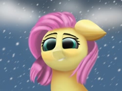 Size: 1920x1440 | Tagged: safe, artist:meodaiduoi, derpibooru import, fluttershy, pegasus, pony, awkward, cloud, cloudy, looking at you, smiling, snow, snowfall