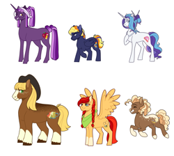 Size: 1117x1000 | Tagged: safe, artist:luniarctic, oc, oc only, oc:apple cider, oc:crystal rose, oc:delilah dusk, oc:napolitano cake, oc:scarlet apple, oc:sky flash, bald face, cowboy hat, female, freckles, hat, height difference, jewelry, male, mare, neckerchief, necklace, next generation, offspring, parent:applejack, parent:big macintosh, parent:cheese sandwich, parent:fancypants, parent:fluttershy, parent:king sombra, parent:pinkie pie, parent:quibble pants, parent:rainbow dash, parent:rarity, parent:trouble shoes, parent:twilight sparkle, parents:cheesepie, parents:fluttermac, parents:quibbledash, parents:raripants, parents:troublejack, parents:twibra, reference used, simple background, socks (coat marking), spread wings, stallion, style emulation, unshorn fetlocks, vector used, white background, wings