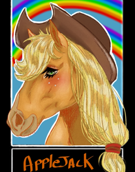 Size: 859x1095 | Tagged: safe, alternate version, artist:celi_nives, derpibooru import, applejack, earth pony, pony, bust, female, freckles, hat, hoers, mare, rainbow, solo, text