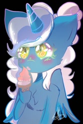 Size: 540x806 | Tagged: safe, artist:qamarun, oc, oc:fleurbelle, alicorn, anthro, adorabelle, alicorn oc, bow, chest fluff, cute, female, food, golden eyes, hair bow, hand, horn, ice cream, licking, mare, tongue out, wingding eyes, wings