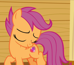 Size: 1078x938 | Tagged: safe, screencap, scootaloo, pegasus, pony, on your marks, clubhouse, cropped, crusaders clubhouse, cute, cutealoo, eyes closed, female, filly, smiling, solo