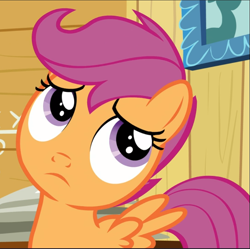 Size: 945x941 | Tagged: safe, screencap, scootaloo, pegasus, pony, on your marks, clubhouse, cropped, crusaders clubhouse, female, filly, solo