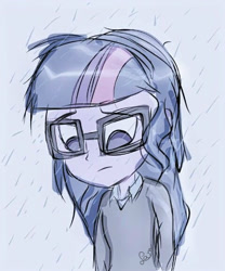 Size: 480x578 | Tagged: safe, artist:samyvillaly, derpibooru import, sci-twi, twilight sparkle, equestria girls, doodle, rain, sad, solo