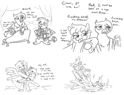 Size: 1634x1246 | Tagged: safe, artist:jargon scott, gallus, oc, oc:red the prostitute, oc:whore birb, griffon, pony, blushing, clothes, comic, dancing, dialogue, female, flower, male, monochrome, robe, this ended in pain, tuxedo