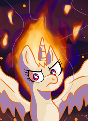 Size: 1440x1980 | Tagged: safe, artist:superhypersonic2000, derpibooru import, twilight sparkle, twilight sparkle (alicorn), alicorn, pony, angry, female, fiery mane, fire, frown, mare, rapidash twilight, solo, spread wings, wings