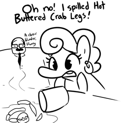 Size: 2250x2250 | Tagged: safe, artist:tjpones, oc, oc only, oc:grenaldo, oc:peanut wife, crab, earth pony, human, pony, butter, dialogue, ear piercing, earring, female, food, glasses, jewelry, male, mare, monochrome, oc x oc, pierced ears, piercing, shipping, simple background, straight, white background