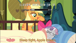 Size: 3413x1920 | Tagged: safe, derpibooru import, edit, edited screencap, screencap, applejack, sweetie belle, earth pony, pony, unicorn, somepony to watch over me, 69 (number), apple bloom's bow, applejack's hat, bed, bow, caption, cowboy hat, female, filly, hair bow, hat, illusion, image macro, implied apple bloom, mare, meme, pillow, skyrim, text, the elder scrolls