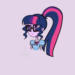 Size: 1000x1000 | Tagged: safe, artist:dancingmylifeaway, derpibooru import, sci-twi, twilight sparkle, equestria girls, cute, geode of telekinesis, glasses, happy, magical geode, magical geodes, multicolored hair, no pupils, ponytail, poofy sleeves, purple eyes, scrunchie, simple background, small, smiling, solo