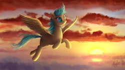 Size: 1920x1080 | Tagged: safe, artist:magfen, sunshower raindrops, pegasus, pony, cloud, female, flying, mare, sky, solo, spread wings, sunset, wings