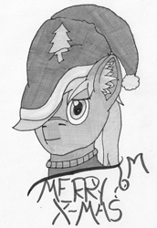 Size: 1201x1745 | Tagged: safe, artist:toli mintdrop, oc, oc:blue gear, earth pony, pony, cap, christmas, clothes, hat, holiday, hoodie, santa hat, solo, text, traditional art