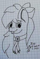 Size: 1510x2231 | Tagged: safe, artist:toli mintdrop, oc, oc only, oc:frozen snow, pegasus, pony, :p, bow, graph paper, lineart, ribbon, solo, tongue out, traditional art