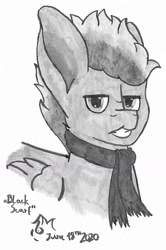 Size: 996x1504 | Tagged: safe, artist:toli mintdrop, oc, oc:black scarf, pegasus, pony, base used, clothes, grayscale, monochrome, scarf, solo, traditional art