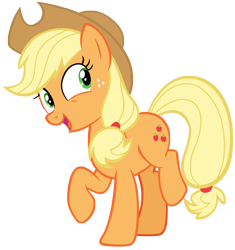 Size: 6869x7306 | Tagged: safe, artist:andoanimalia, derpibooru import, applejack, earth pony, pony, buckball season, applejack's hat, cowboy hat, cute, excited, female, freckles, hat, jackabetes, looking to side, mare, ponytail, raised hoof, raised leg, simple background, smiling, solo, stetson, tied tail, transparent background, vector
