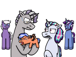 Size: 2048x1536 | Tagged: safe, artist:kindheart525, silver script, oc, oc:dusk star, oc:gilded prose, oc:moonbow, oc:orange soda, pegasus, pony, unicorn, baby, baby pony, colt, crying, glasses, kindverse, magical gay spawn, male, offspring, offspring's offspring, parent:oc:dusk star, parent:oc:firework, parent:silver script, parent:star bright, parent:twilight sparkle, parents:oc x oc, parents:starscript, parents:twiscript, simple background, transparent background, uncle and nephew, uncle and niece