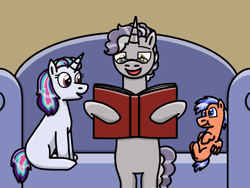 Size: 2048x1536 | Tagged: safe, artist:kindheart525, oc, oc:gilded prose, oc:moonbow, oc:orange soda, pegasus, pony, unicorn, baby, baby pony, book, glasses, kindverse, magical gay spawn, offspring, parent:oc:dusk star, parent:oc:firework, parent:silver script, parent:star bright, parents:oc x oc, parents:starscript, uncle and nephew, uncle and niece