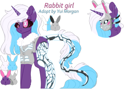 Size: 3500x2500 | Tagged: safe, artist:yui morgan, oc, oc only, oc:usagi (cyborg), cyborg, pony, rabbit, unicorn, amputee, animal, bomber jacket, chest fluff, clothes, ear fluff, female, jacket, mare, mask, open mouth, prosthetic leg, prosthetic limb, prosthetics, reference sheet, scar, simple background, solo, transparent background