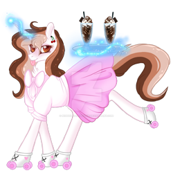 Size: 1920x1920 | Tagged: safe, artist:nightingalewolfie, oc, oc only, oc:milkshake cupcake, pony, unicorn, clothes, deviantart watermark, female, magic, mare, obtrusive watermark, roller skates, shirt, simple background, skirt, solo, tongue out, transparent background, watermark