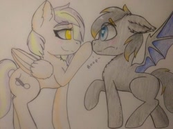 Size: 853x639 | Tagged: safe, artist:anxioussartist, oc, oc:black night, oc:lavender whisper, bat pony, pegasus, pony, blushing, boop, smug, traditional art