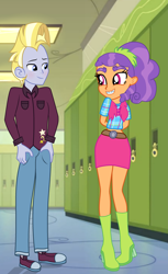 Size: 2137x3497 | Tagged: safe, artist:gmaplay, artist:sparkling-sunset-s08, edit, plaid stripes, star tracker, equestria girls, once upon a zeppelin, the saddle row review, blushing, boots, braces, canterlot high, clothes, equestria girls-ified, female, hallway, high heel boots, lockers, male, midriff, shipping, shoes, show accurate, skirt, sneakers, starstripes, straight