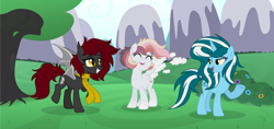 Size: 1024x484 | Tagged: safe, artist:sapphiretwinkle, oc, oc:mystic shadow, oc:sapphire twinkle, oc:sky chaser, bat pony, pony, unicorn, clothes, cloud wings, female, mare, scarf