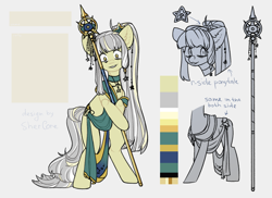 Size: 3635x2645 | Tagged: safe, artist:shercore, oc, oc only, oc:tauri, earth pony, pony, bipedal, choker, clothes, ear fluff, ear piercing, earring, female, jewelry, mare, necklace, piercing, priestess, reference sheet, regalia, robe, solo, staff