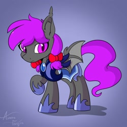 Size: 2000x2000 | Tagged: safe, artist:aurorafang, oc, oc only, oc:nocturnal grapes, bat pony, pony, armor, bat pony oc, bat wings, bow, fangs, female, guard, guardluna, lunar guard armour, mare, night guard, solo, wings