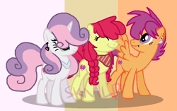 Size: 816x514 | Tagged: safe, artist:skittleartmlp, apple bloom, scootaloo, sweetie belle, earth pony, pegasus, pony, unicorn, cutie mark crusaders, eyes closed, older, older apple bloom, older scootaloo, older sweetie belle, trio