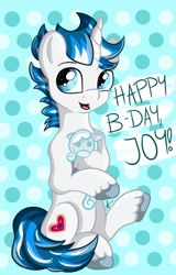 Size: 1280x2000 | Tagged: safe, artist:appleneedle, oc, oc only, oc:snowdrop, oc:unhappy joy, pony, unicorn, art, birthday, blue, brony, character, digital, digital art, drawing, fanart, heart, paint, painting, pattern, plushie, point, present, wish