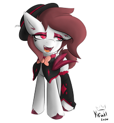 Size: 1300x1400 | Tagged: safe, artist:kingkrail, oc, oc only, oc:cherry bite, bat pony, pony, bat pony oc, bat wings, breath, eyeshadow, face markings, female, filly, hat, makeup, open mouth, simple background, solo, transparent background, unshorn fetlocks, wings