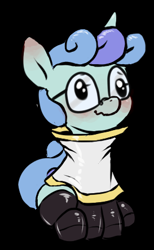 Size: 273x444 | Tagged: safe, artist:multiverseequine, edit, oc, oc:rocky (colt quest), unicorn, blushing, clothes, colt, colt quest, ear blush, foal, latex, latex socks, male, robe, socks, two toned mane