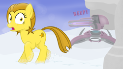 Size: 3900x2200 | Tagged: safe, artist:devfield, oc, oc:golden star, earth pony, pony, atg 2020, beam, female, floating, halo (series), imminent violence, lens flare, mare, newbie artist training grounds, rock, running, running away, shadow, shocked expression, snow, solo, surprised, the guardians, turret, two toned mane, two toned tail, wide eyes