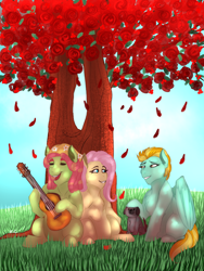 Size: 900x1200 | Tagged: safe, artist:anxiousshadowpetals, derpibooru import, fluttershy, lightning dust, tree hugger, dog, pegasus, pony, commission, dappled sunlight, fanfic art, female, flower, flutterhugger, guitar, lesbian, musical instrument, petting, rose, shipping, singing, smiling, sunshine, tree