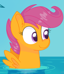 Size: 1021x1178 | Tagged: safe, artist:rainbow eevee, scootaloo, pegasus, pony, surf and/or turf, cute, cutealoo, female, filly, grin, looking at something, offscreen character, smiling, solo, spread wings, water, wings