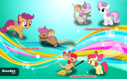 Size: 1024x640 | Tagged: safe, apple bloom, scootaloo, sweetie belle, earth pony, mouse, pegasus, pony, unicorn, adorabloom, broom, cute, cutealoo, cutie mark crusaders, diasweetes, duality, eyes closed, mousified, running, species swap, transformice